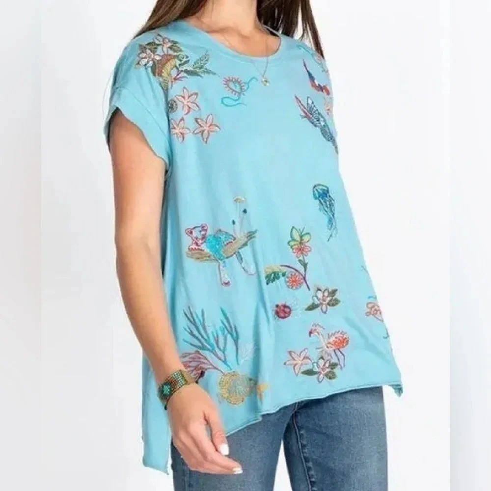 Johnny Was Zoe Relaxed Embroidered Short Sleeve Top